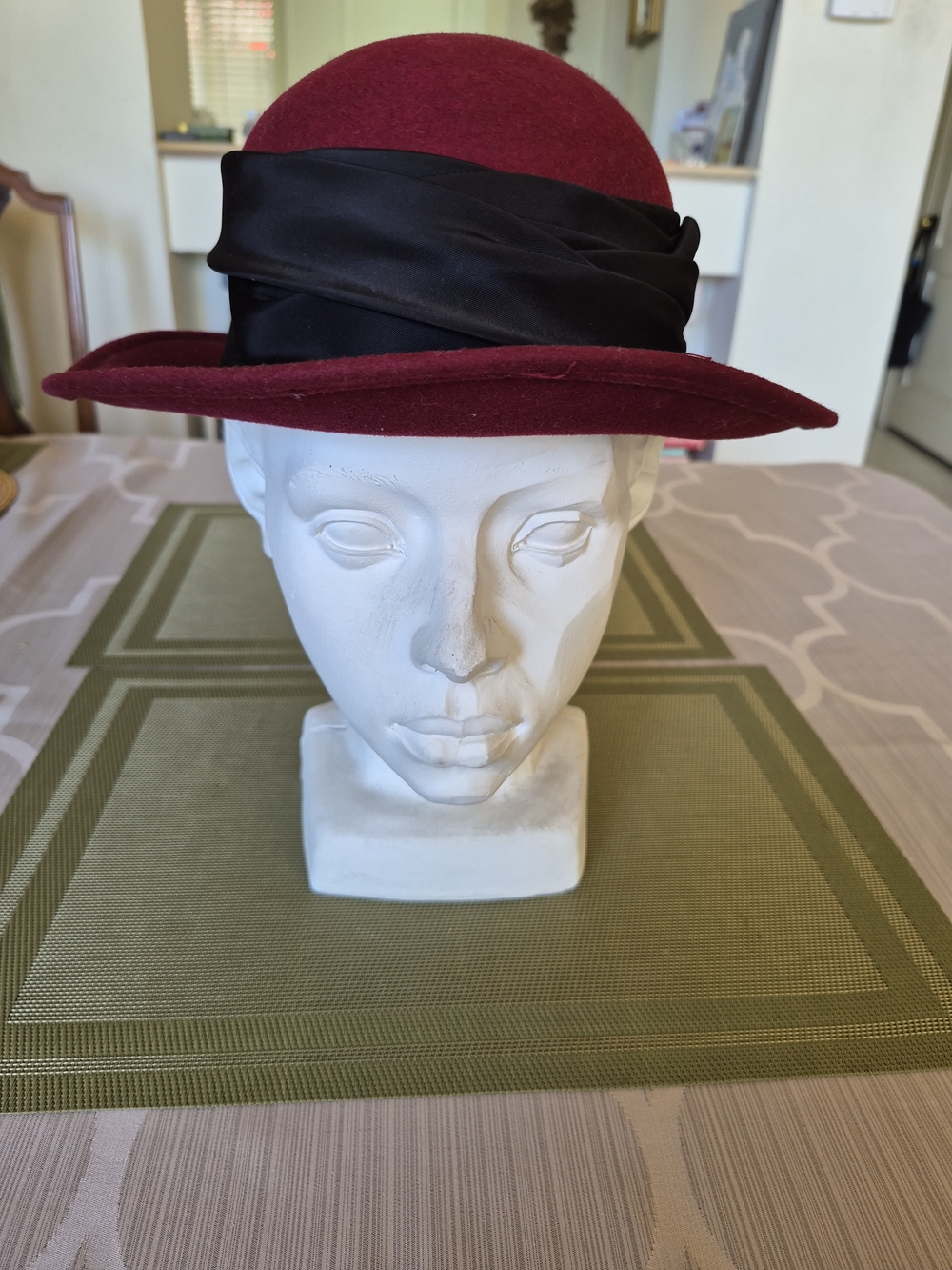 Vintage Burgundy Felt Wide-Brim Hat with Black Band